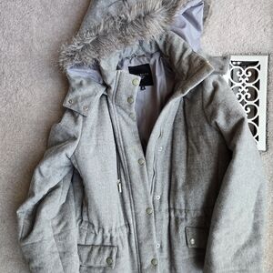 Gray Hooded Women's Coat TALBOTS medium Petite Removeable Hood Faux Fur